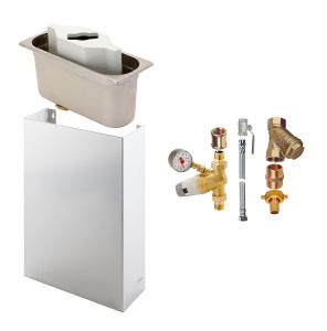 wallmount, spade cleaning kit, druckminderer, installation materials included, portionierer-aufbewahrung neben spritzschutzabdeckung, panzerschlauch, schlauchverschraubenungen, manometer, doppelnippel, schmutzfaenger, betriebsdruck ca. 2 bar